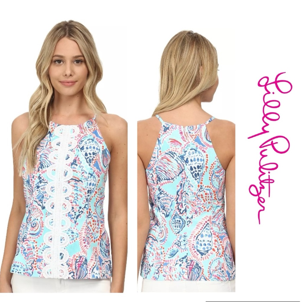 🏖️ Lilly Pulitzer ANNABELLE TOP Halter Multi Shell Me About It Blue White Size 4